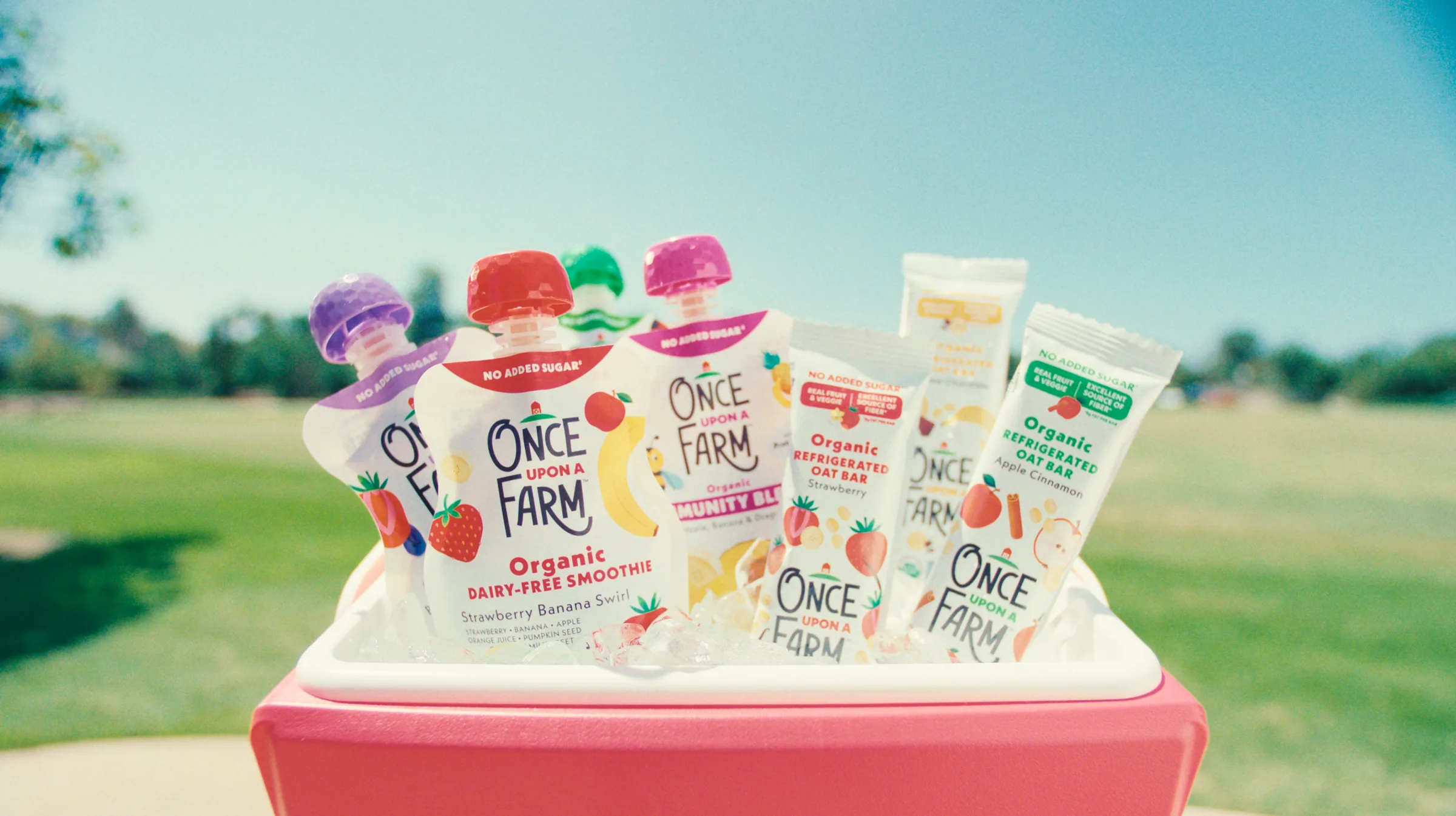 Once Upon a Farm products arranged on a bright outdoor set
