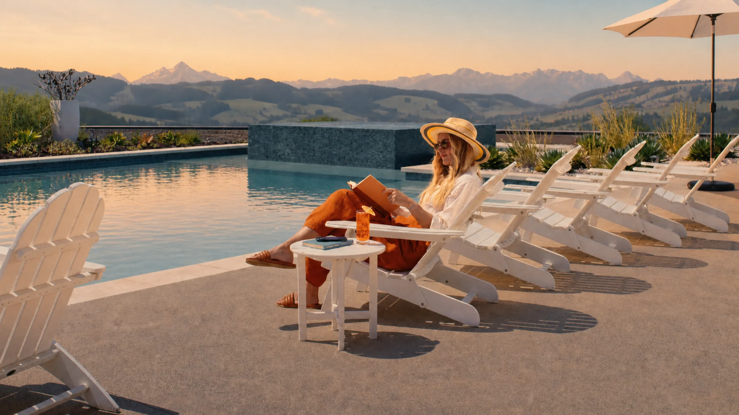Woman reading beside a mountain-view swimming pool